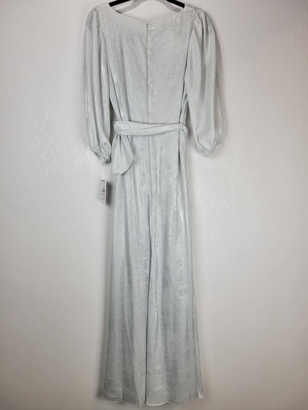 NWT DKNY Women's Silver Shimmer Surplice Balloon Sleeve Belted A-Line Dress Sz10 - Picture 5 of 13